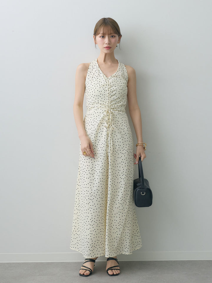 [予約]ホルターネックドット柄シャーリングデザインワンピース/ivory