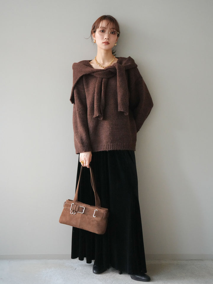 [予約]ストール付きVネックニットプルオーバー/brown