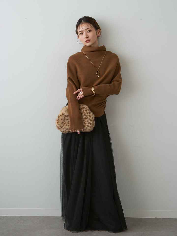 [SET]ハイネックサイドボタンギャザーニットトップス+チュールボリュームスカート(2set)