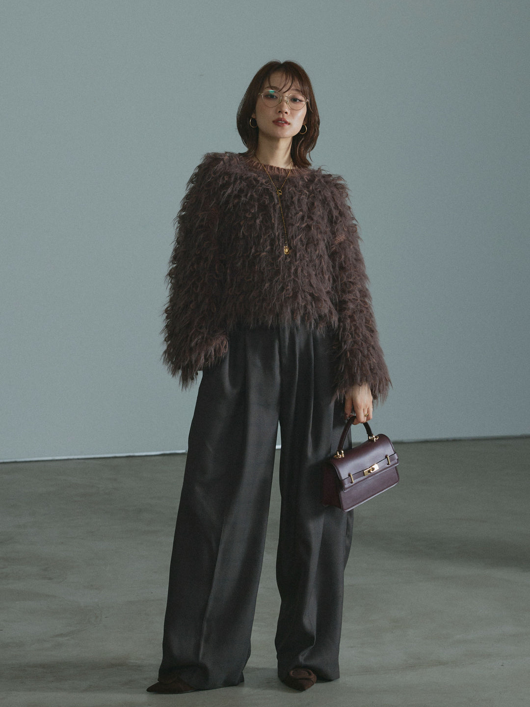 【Allure】[SET]ミックスシャギーループニットプルオーバー+杢チェックタックパンツ(2set)