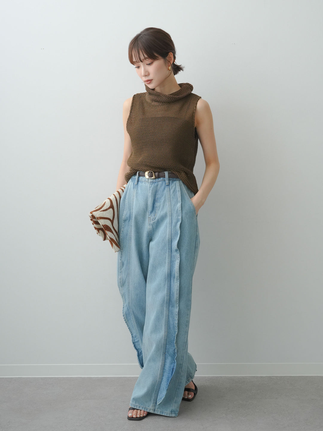 [予約]ドライタッチオフタートルメッシュニットトップス/brown