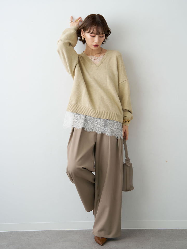 [予約]アルパカタッチレースドッキングVネックニットトップス/beige