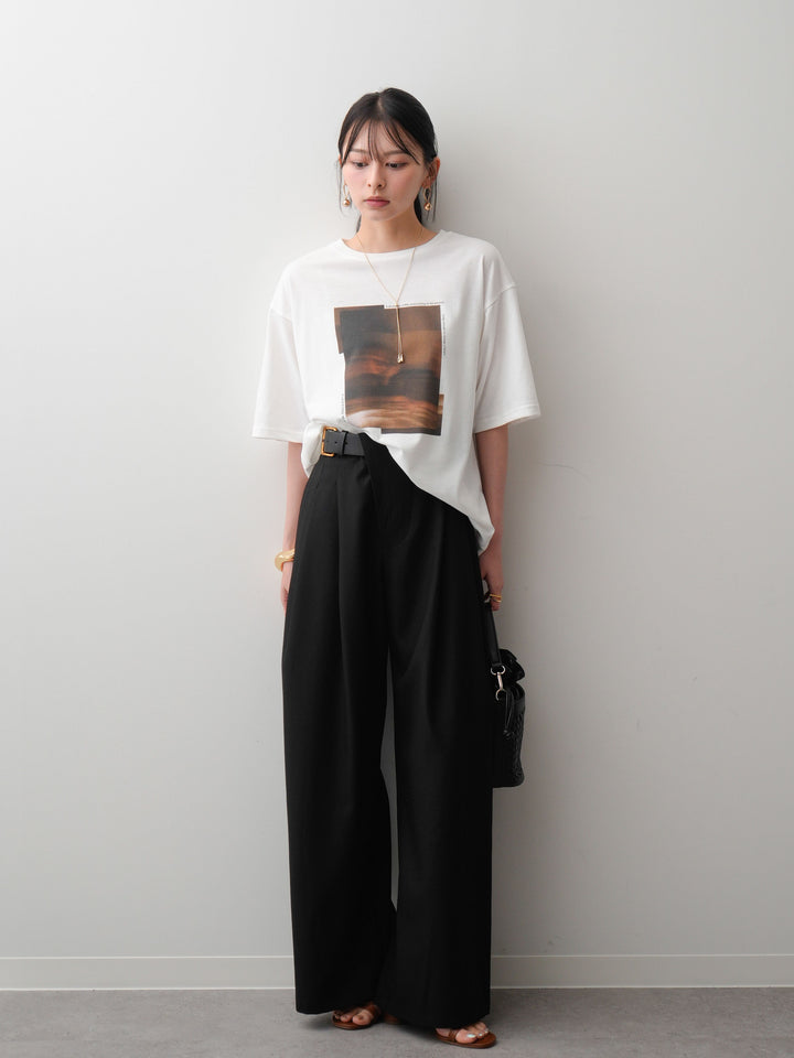 [SET]フォトプリントロゴTEE+アシンメトリーベルトタックワイドパンツ(2set)