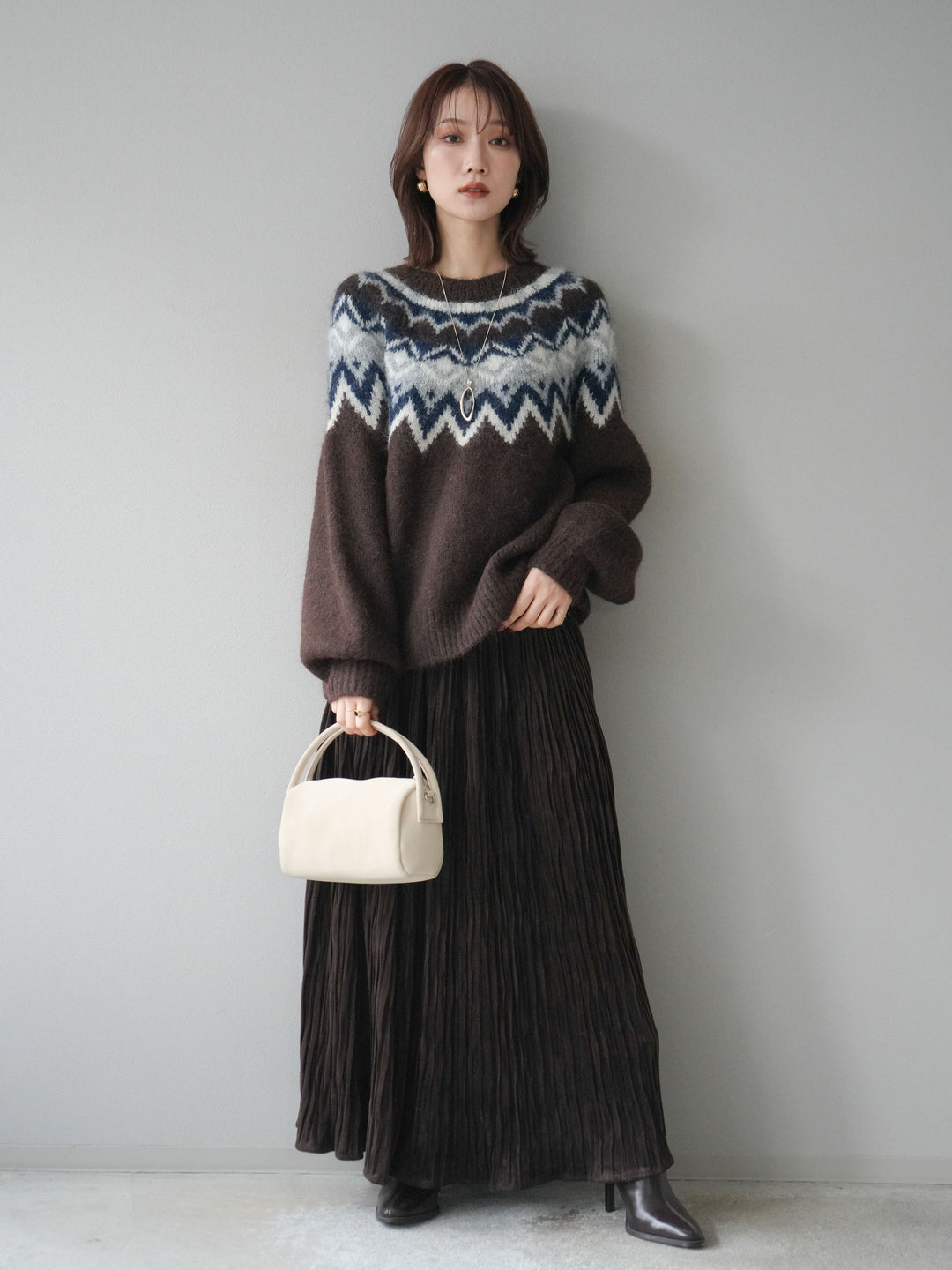 [SET]求心柄オーバーニットプルオーバー+スエードワッシャープリーツスカート(2set)