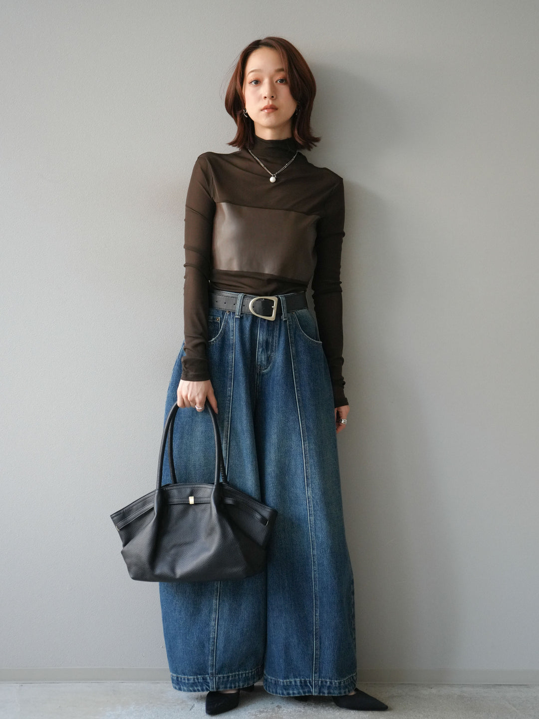 [予約]レザー切替プチネックシアートップス/khaki