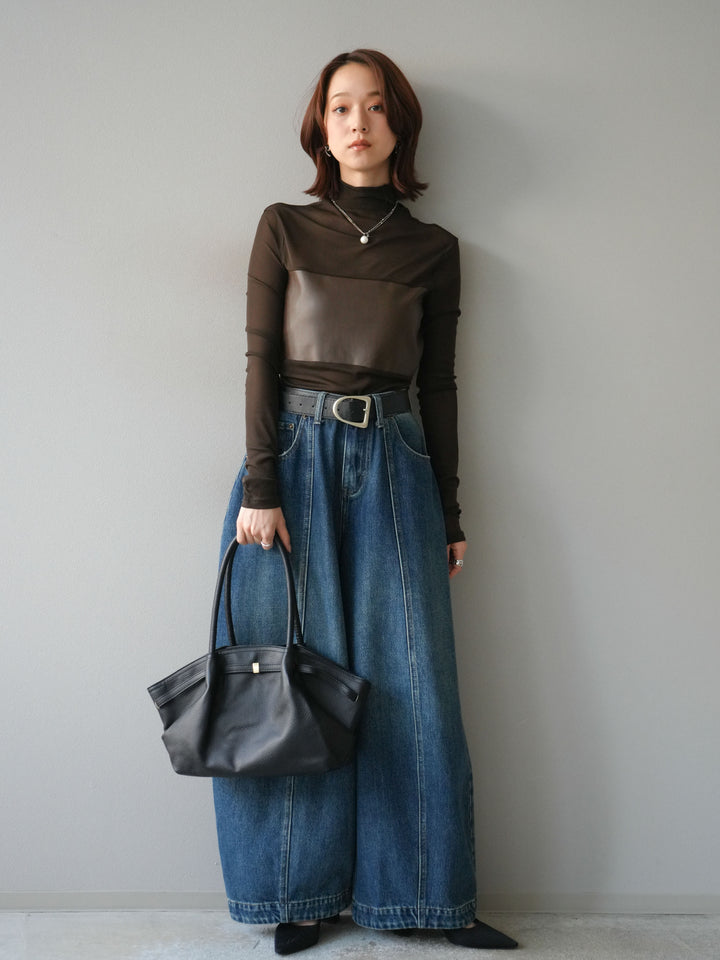 [予約]レザー切替プチネックシアートップス/khaki