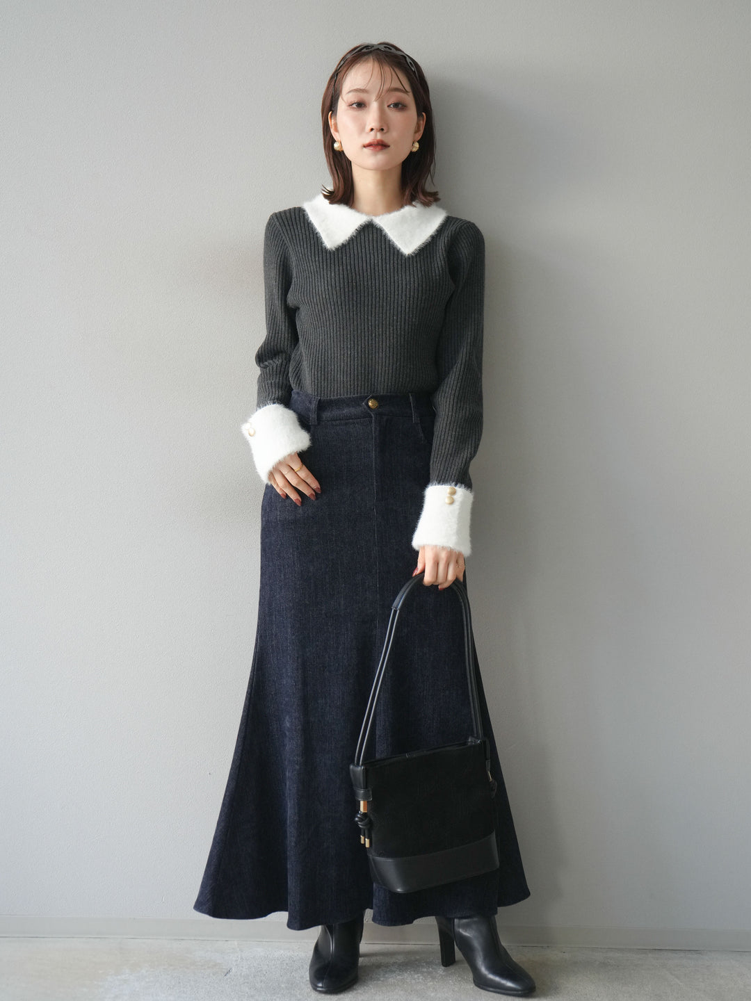 [SET]シャギー襟リブニットトップス+ベルベットマーメイドスカート(2set)