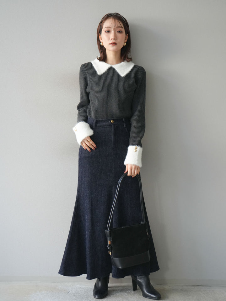 [SET]シャギー襟リブニットトップス+ベルベットマーメイドスカート(2set)