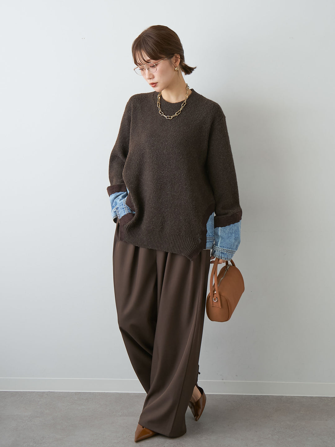 [SET]デニムドッキングニットプルオーバー+ツイルタックワイドパンツ(2set)