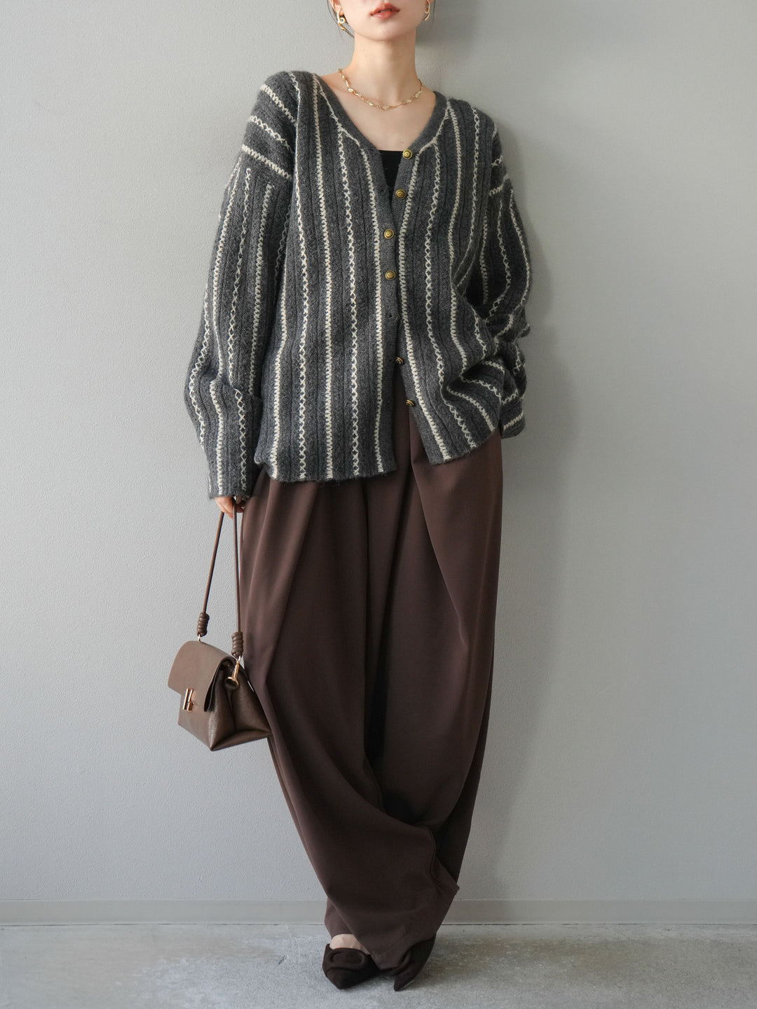 [予約]ベルト付タックワイドパンツ/ブラウン