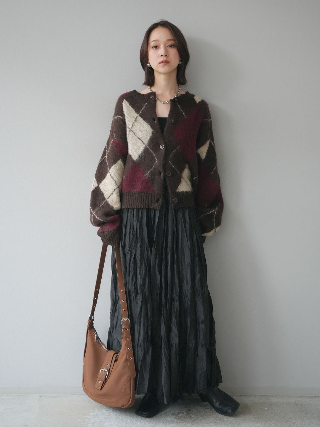 [予約]モヘアタッチアーガイルニットカーディガン/brown