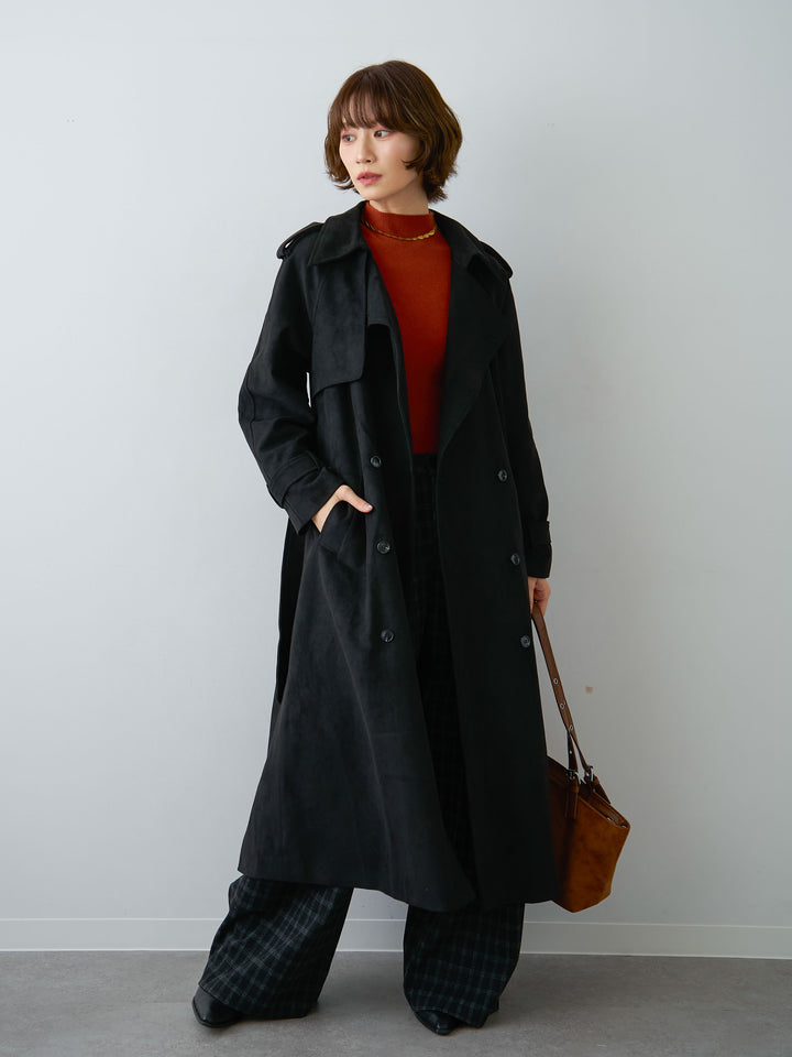 [予約]スウェードタッチロングトレンチコート/black