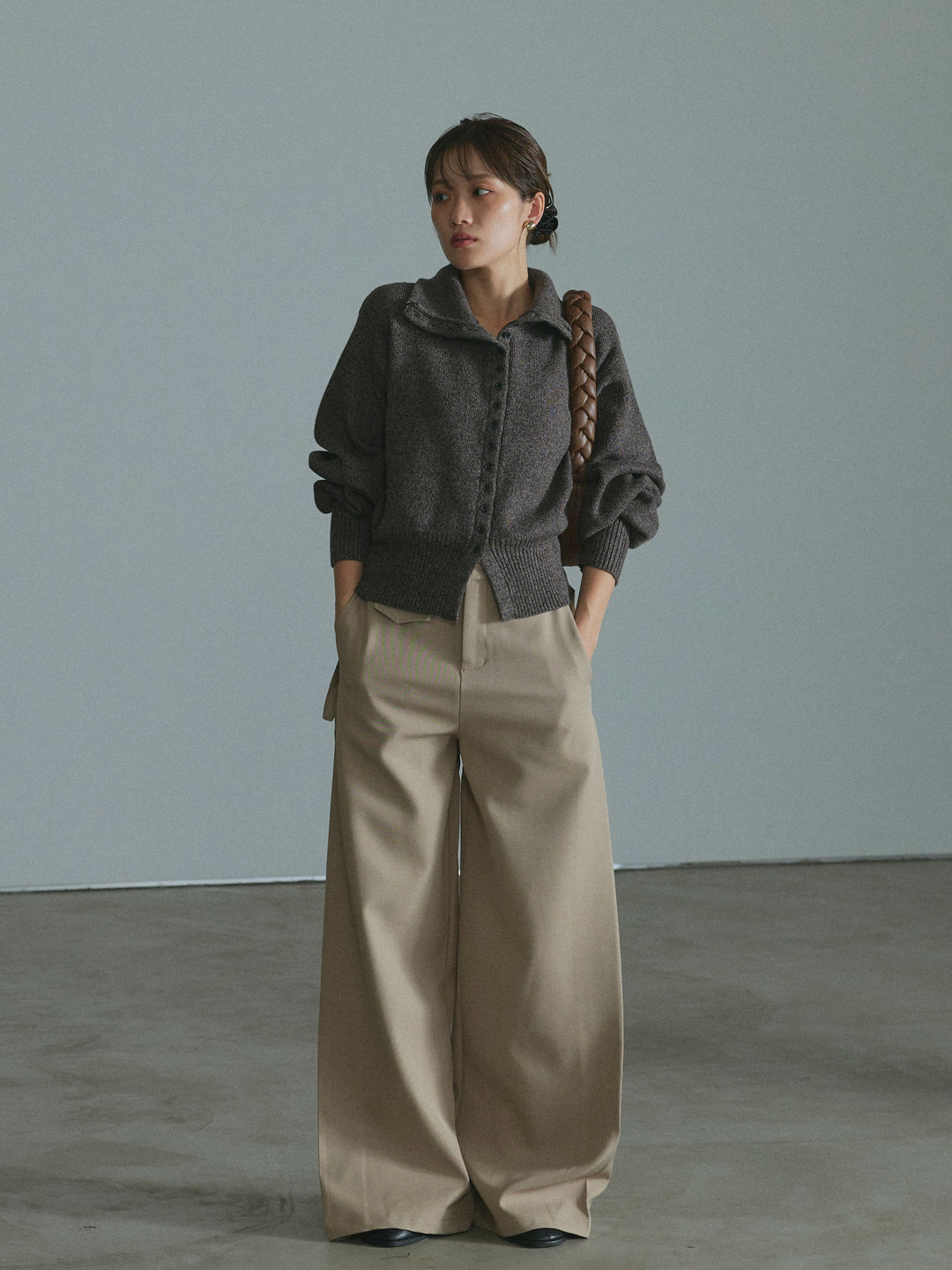 【Allure】[SET]ミックスハイネックカーディガン+サイドタックワイドパンツ(2set)