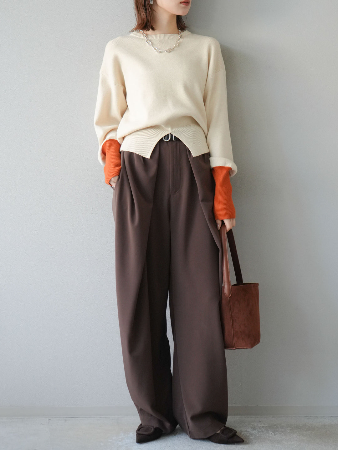[予約]ベルト付タックワイドパンツ/ブラウン