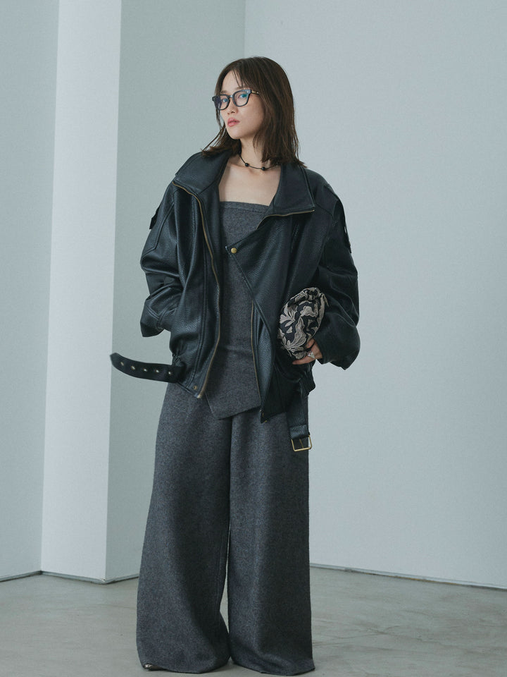 【Allure】[SET]ニットベアトップ＆ワイドパンツSET UP+スタンドカラーレザーブルゾン(2set)