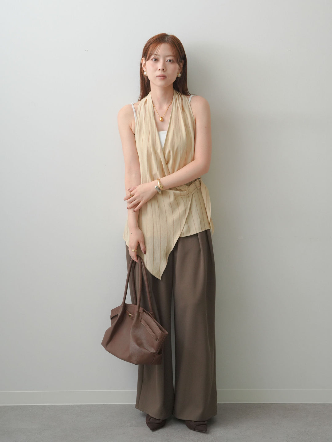 [SET]ストライプカシュクールジレ+クレープデシンタックワイドパンツ(2set)