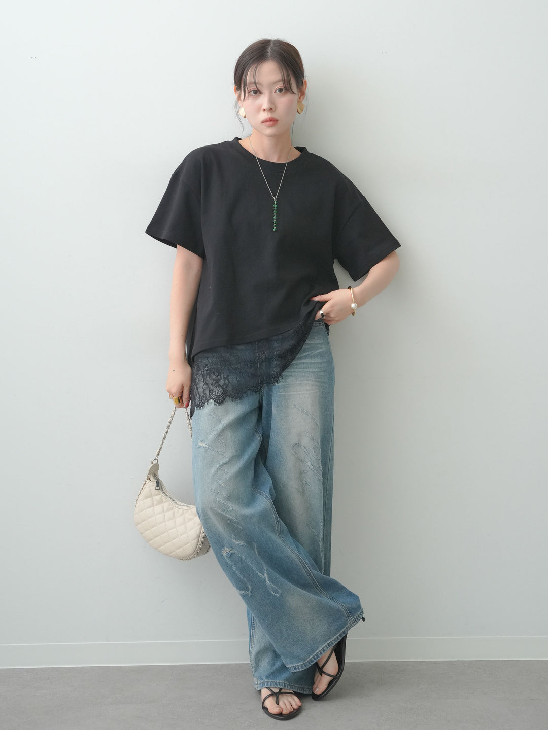 [SET]アシメレースヘムワイドTEE+グラフィックスクラッチワイドデニム(2set)