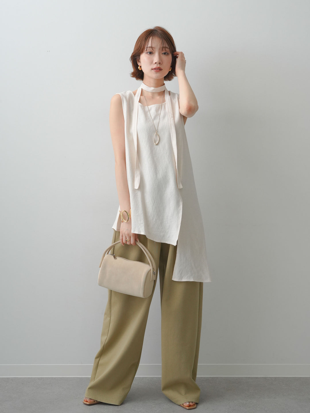 [SET]タイ付アシメヘムノースリトップス+リラックスドレープスウェットパンツ(2set)