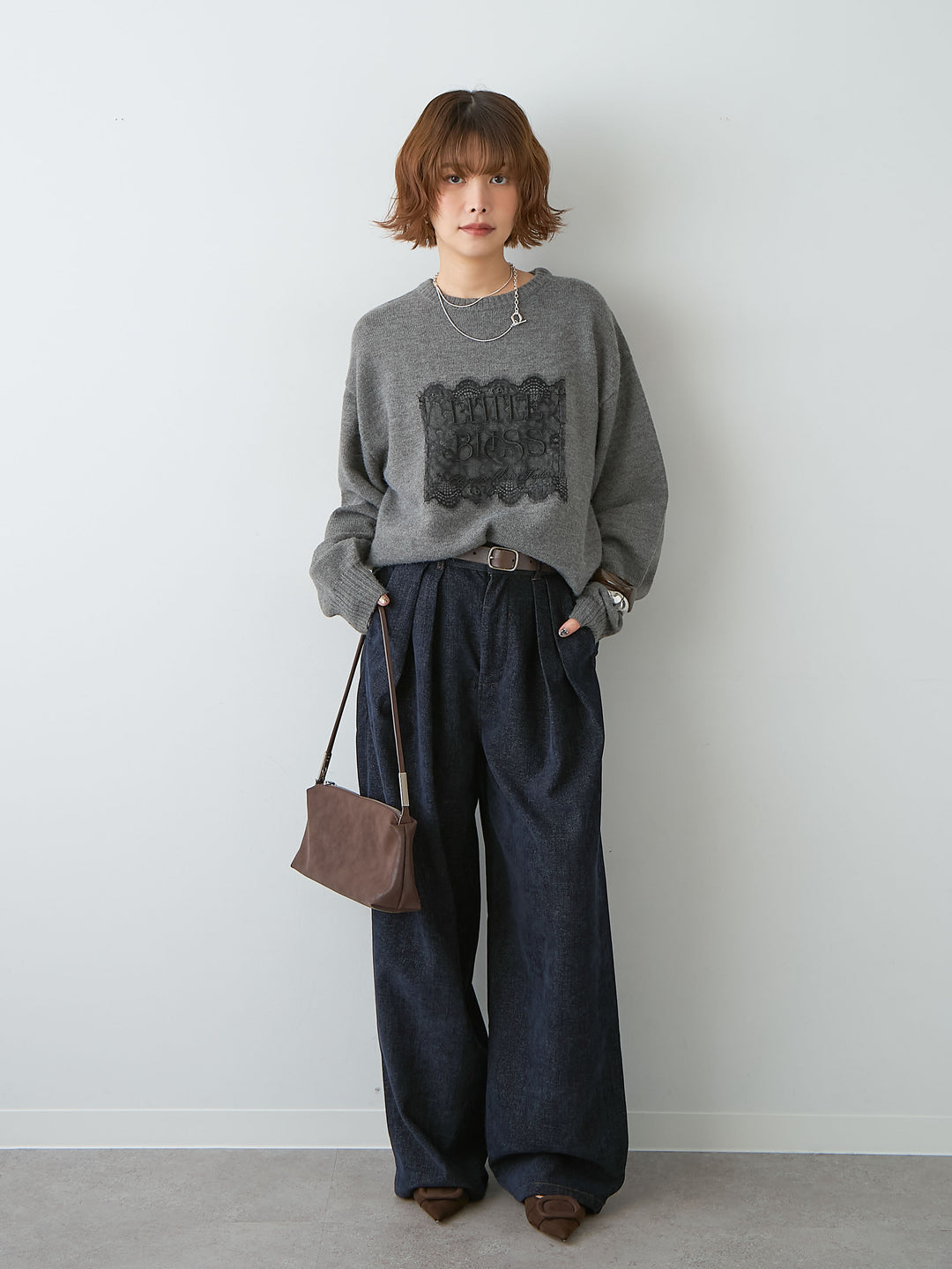 [SET]アルパカタッチ刺繍レースロゴニットプルオーバー+選べるアクセセット(2set)