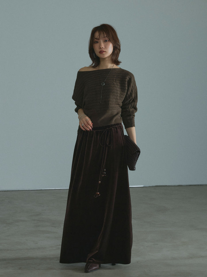 【Allure】[SET]ワンショルケーブル編みニット+ベロアナロースカート(2set)