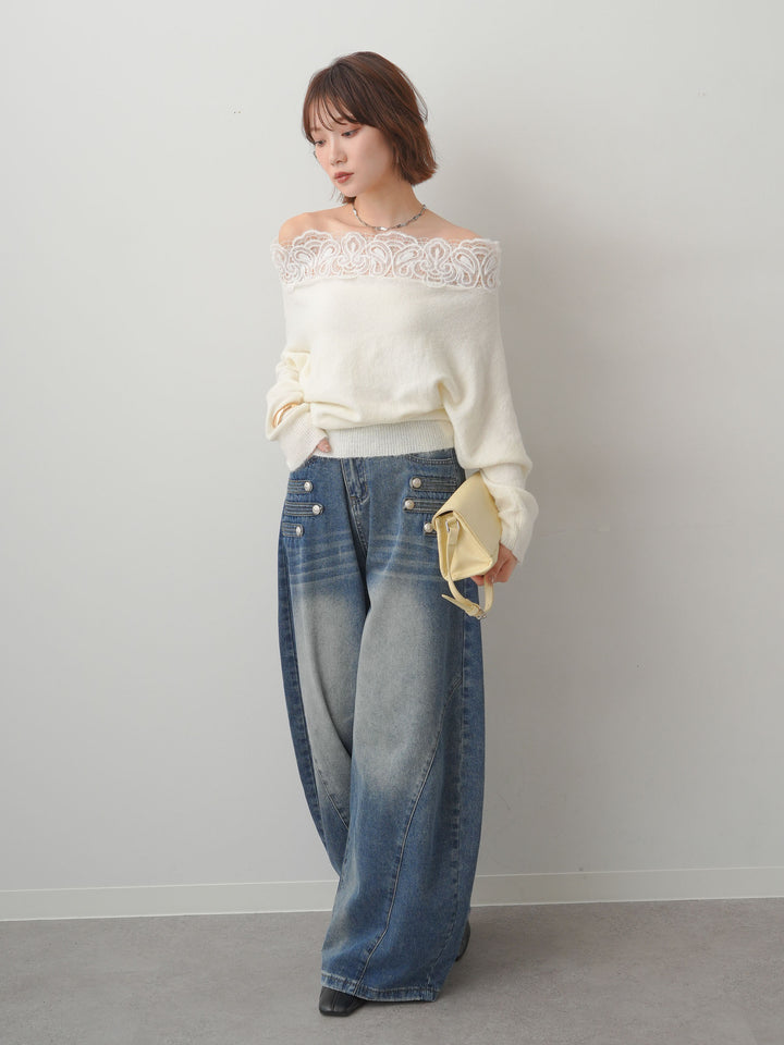 [予約]ショルダーレースオフショルニットトップス/white