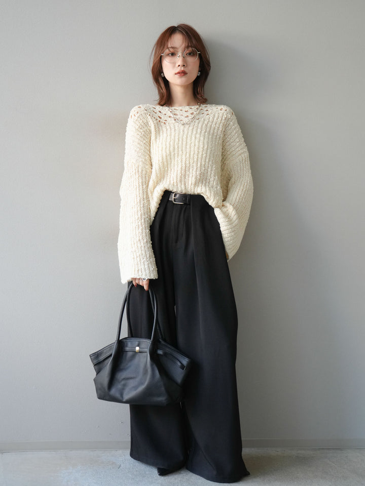 [予約]ボートネック透かし編みニットプルオーバー/white