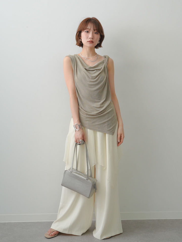[予約]ツイストショルダーアシメドレープトップス/beige