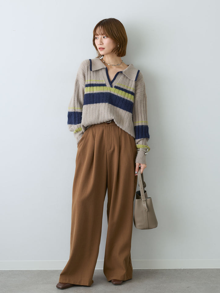 [予約]マルチボーダー起毛スキッパーニットトップス/greige