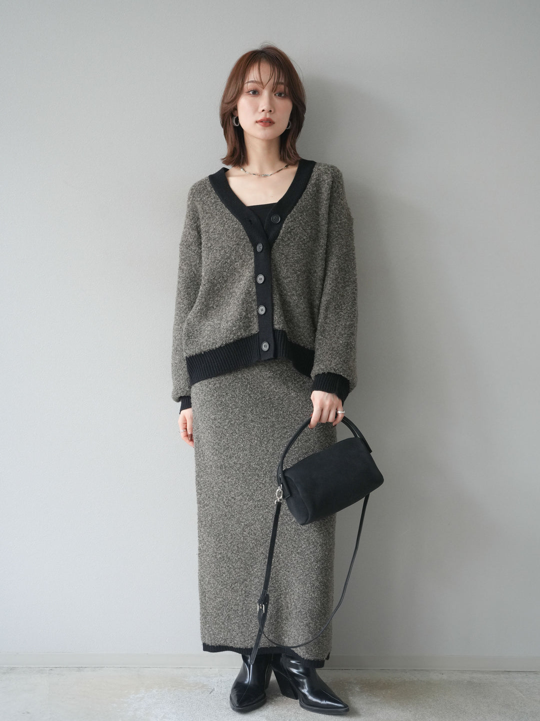 [SET]ブークレバイカラーニットカーディガン+ブークレバイカラータイトニットスカート(2set)