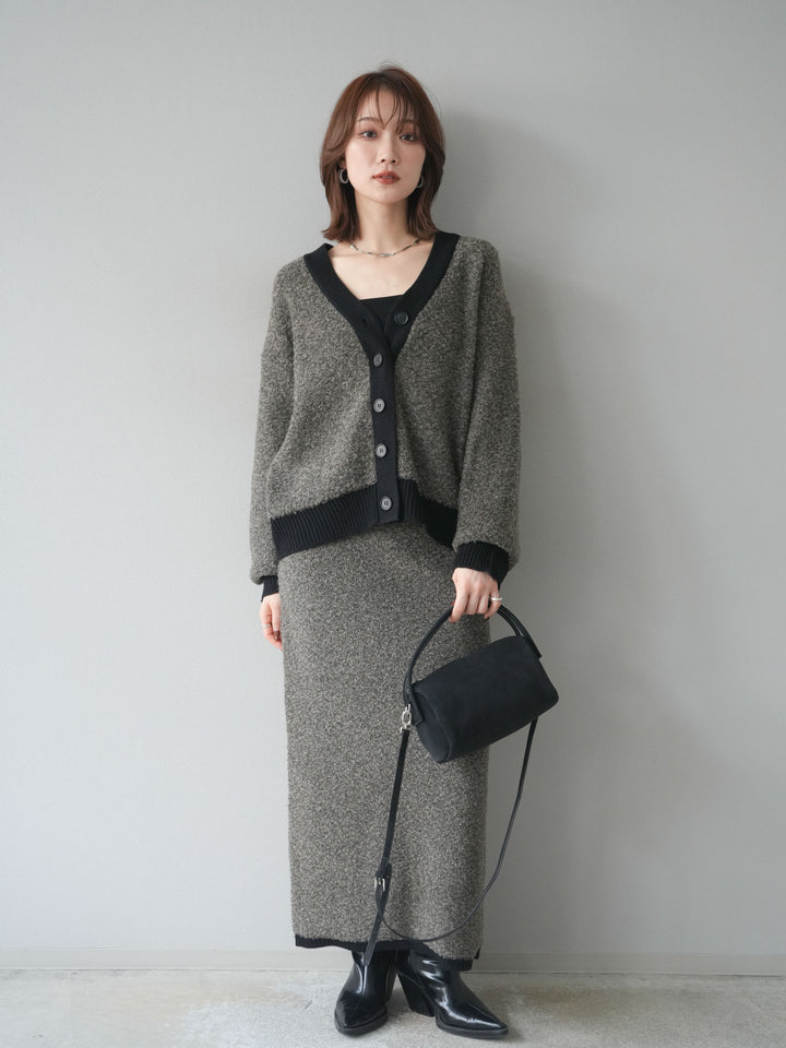 [SET]ブークレバイカラーニットカーディガン+ブークレバイカラータイトニットスカート(2set)