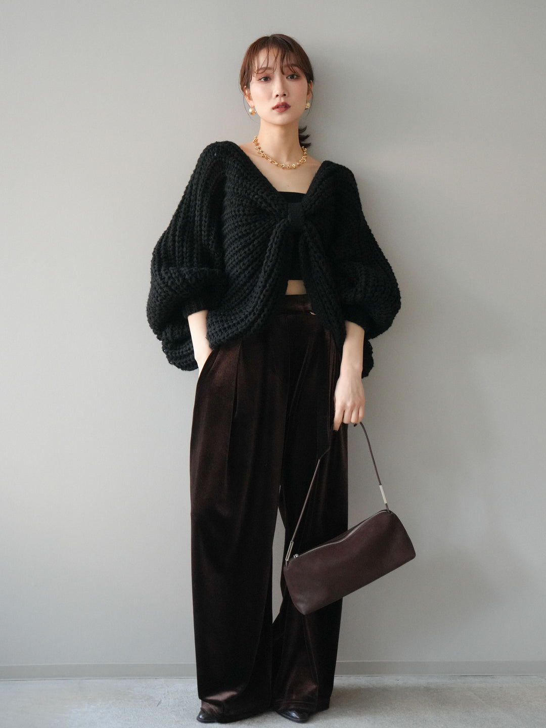 [SET]ローゲージ畦編みドルマンニットボレロ+ベロアベルトスリムパンツ(2set)
