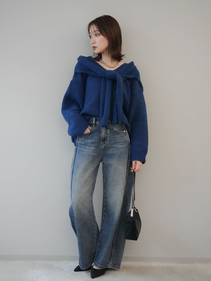 [予約]ストール付きVネックニットプルオーバー/blue