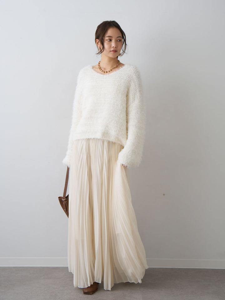 [予約]ボーダー編みラメニットトップス/white