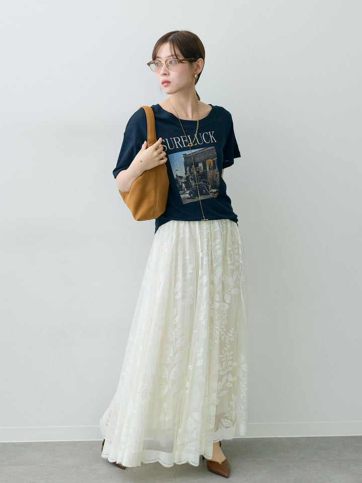 [SET]ワイドネックプリントTEE+ボタニカルパネルレースフレアスカート(2set)