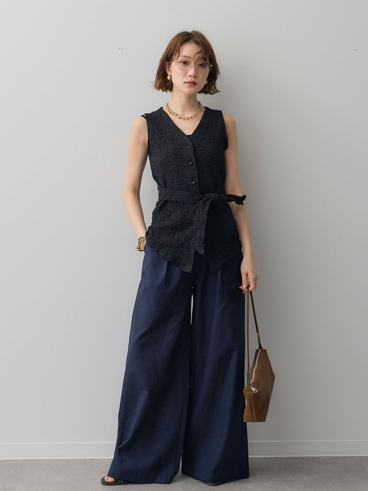 [予約]シャーリングウエストリボンVネックトップス/black