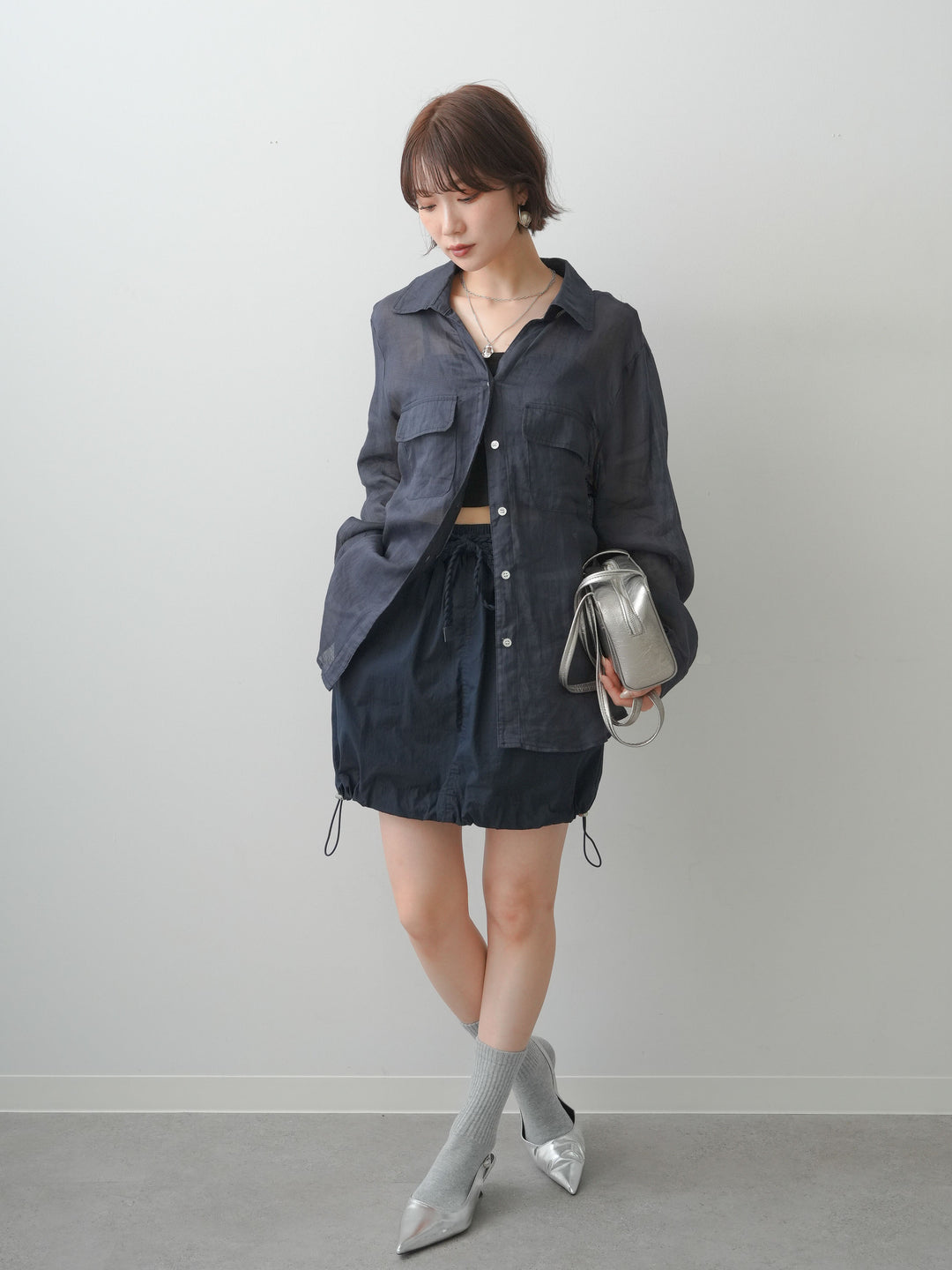 [予約]シアーWポケットオーバーシャツ/navy