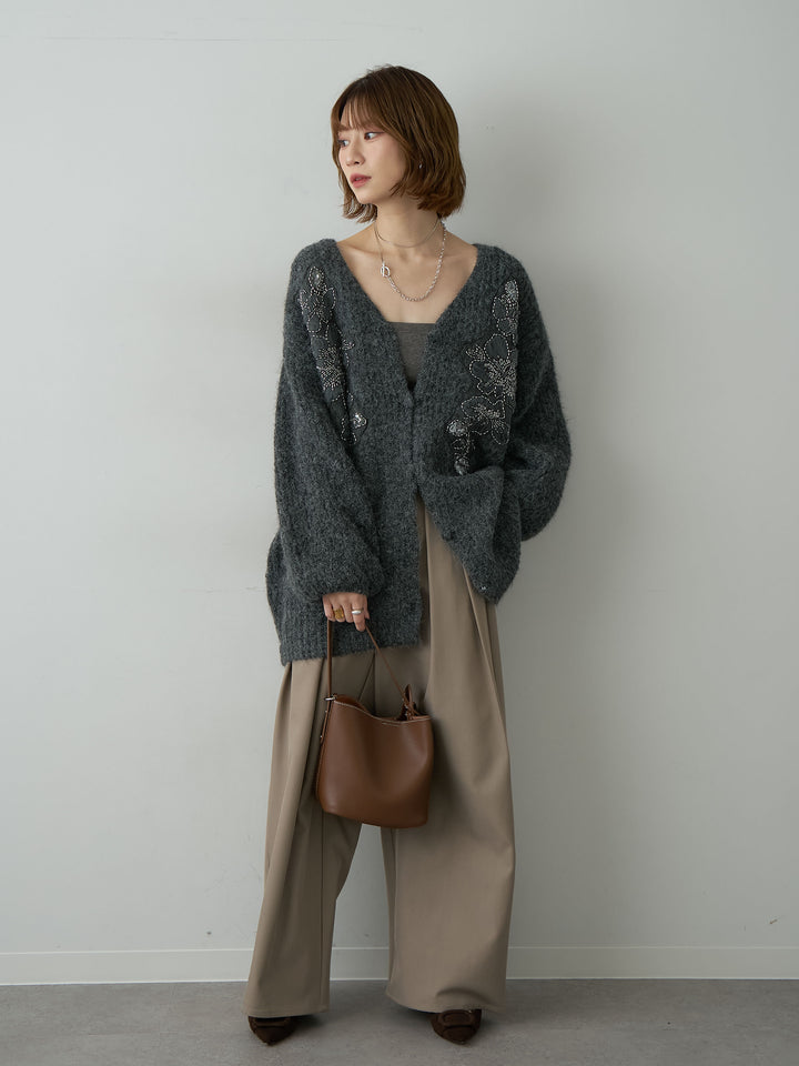 [SET]フローラルビーズニットロングカーディガン+ツイルタックワイドパンツ(2set)