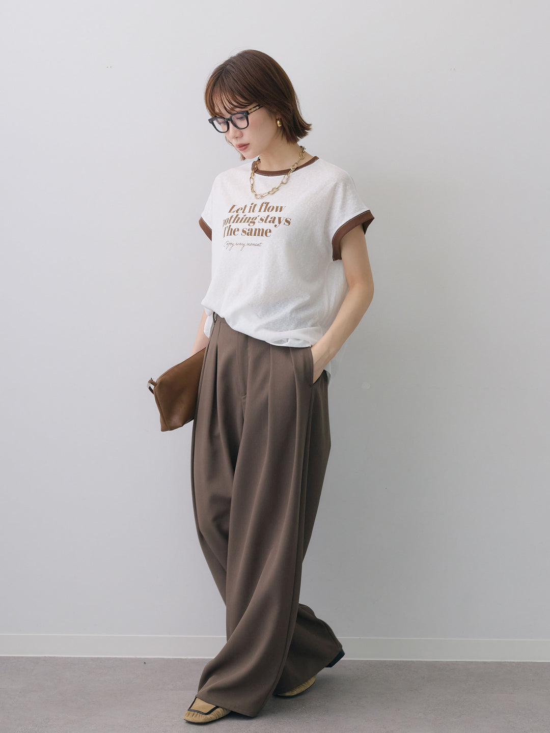 [SET]シアースラブバイカラーフレンチTEE+クレープデシンタックワイドパンツ(2set)