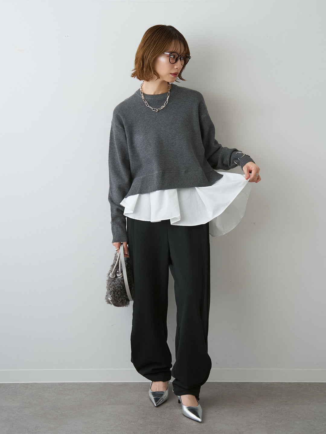 [SET]アシンメトリーシャツレイヤードニットプルオーバー+2WAYデザインスウェットパンツ(2set)