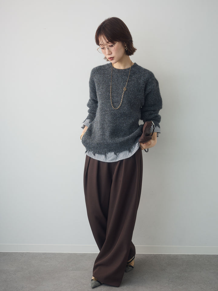 [SET]シャツレイヤードデザインモヘアプルオーバー+ツイルタックワイドパンツ(2set)