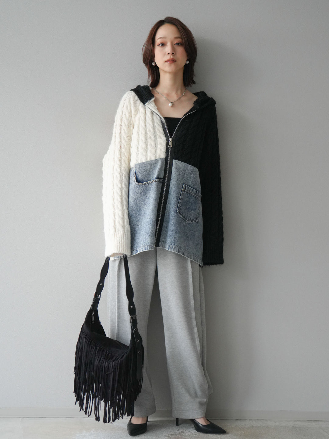 [予約]デニム×バイカラーニットZIPフーディ/black