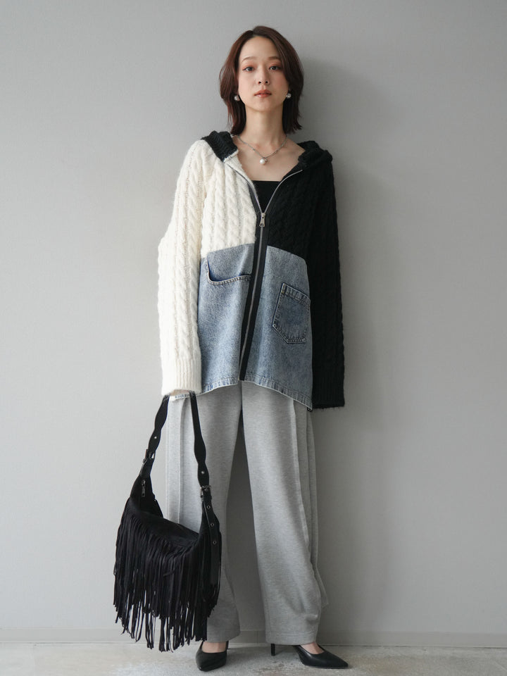 [予約]デニム×バイカラーニットZIPフーディ/black