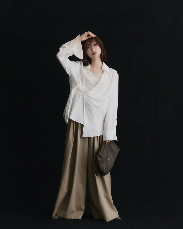【Allure】[SET]ドレープデザインシャツ+ベルト付ダブルループワイドパンツ(2set)