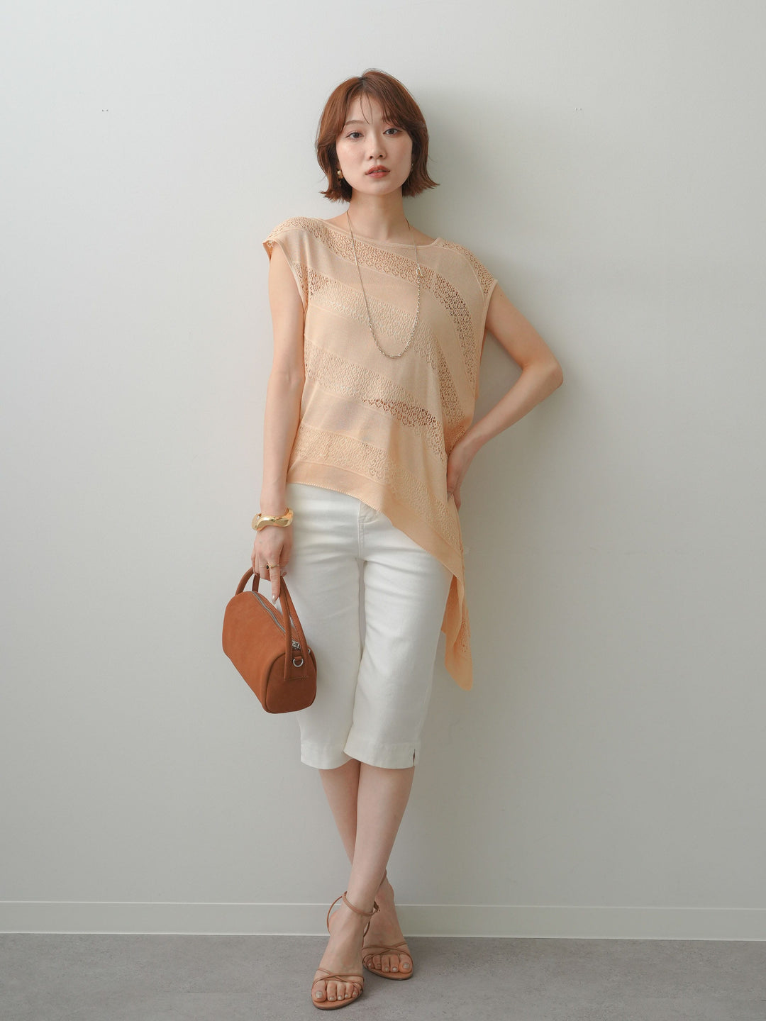 [予約]透かし編みアシメノースリトップス/beige
