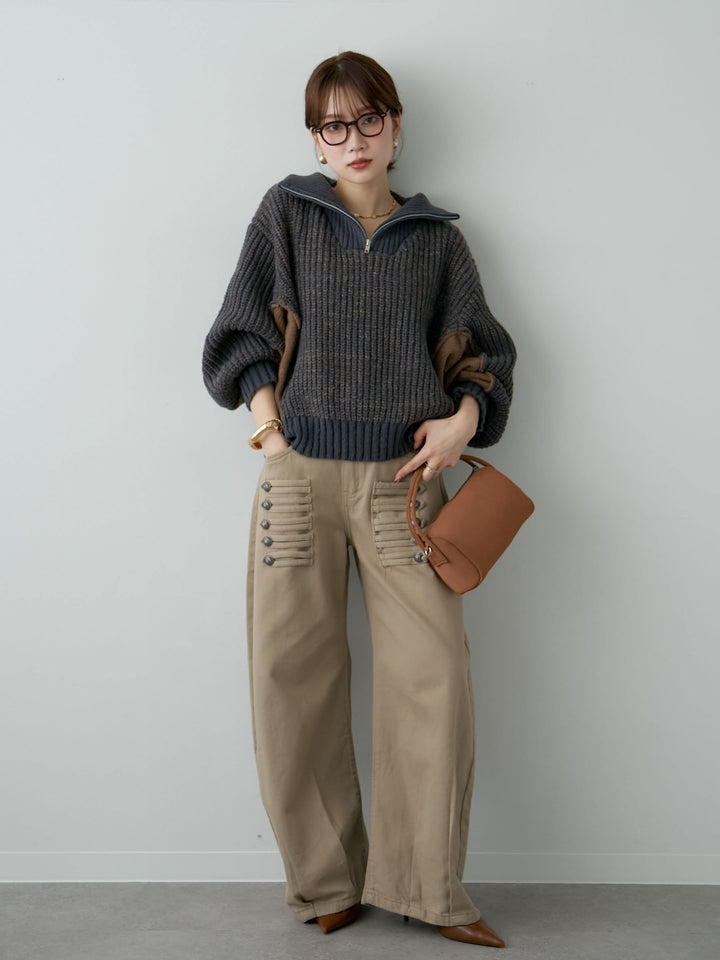 [予約]バイカラーハーフジップリブニットトップス/navy