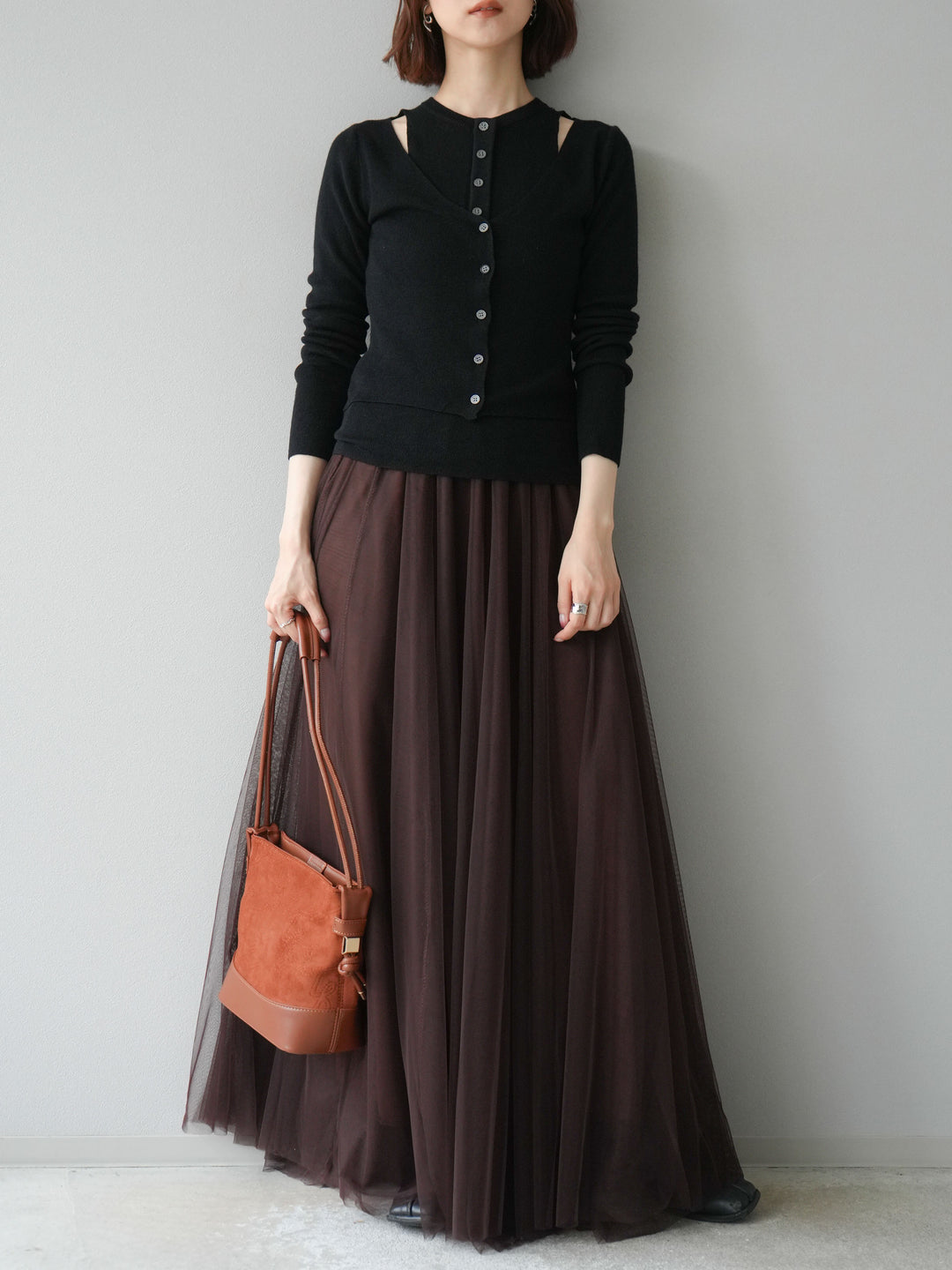 [予約]レイヤードデザインニットカーディガン/ブラック