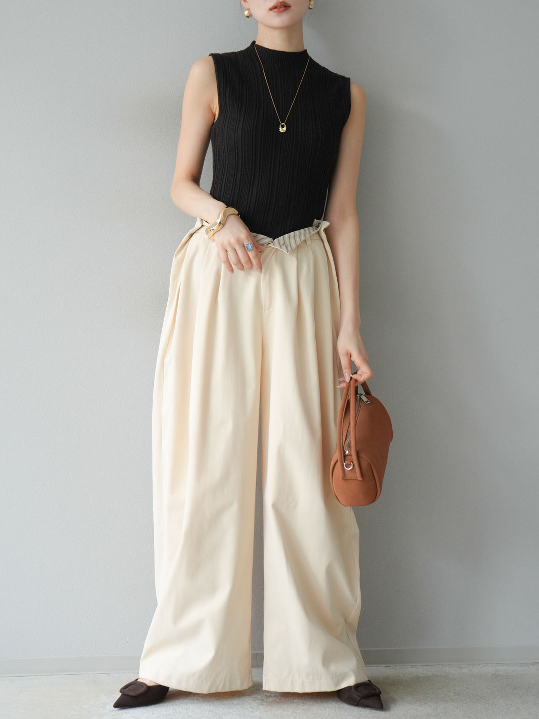 [予約]スリーブレスランダムリブニットトップス/ブラウン