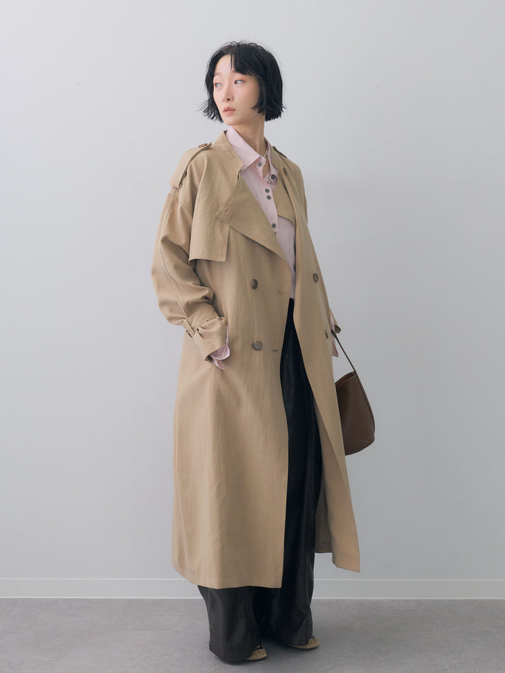 [SET]ミニラペルアシンメトリーロングトレンチ+フェイクレザーワイドパンツ(2set)
