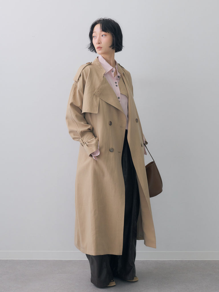 SET]ミニラペルアシンメトリーロングトレンチ+フェイクレザーワイド