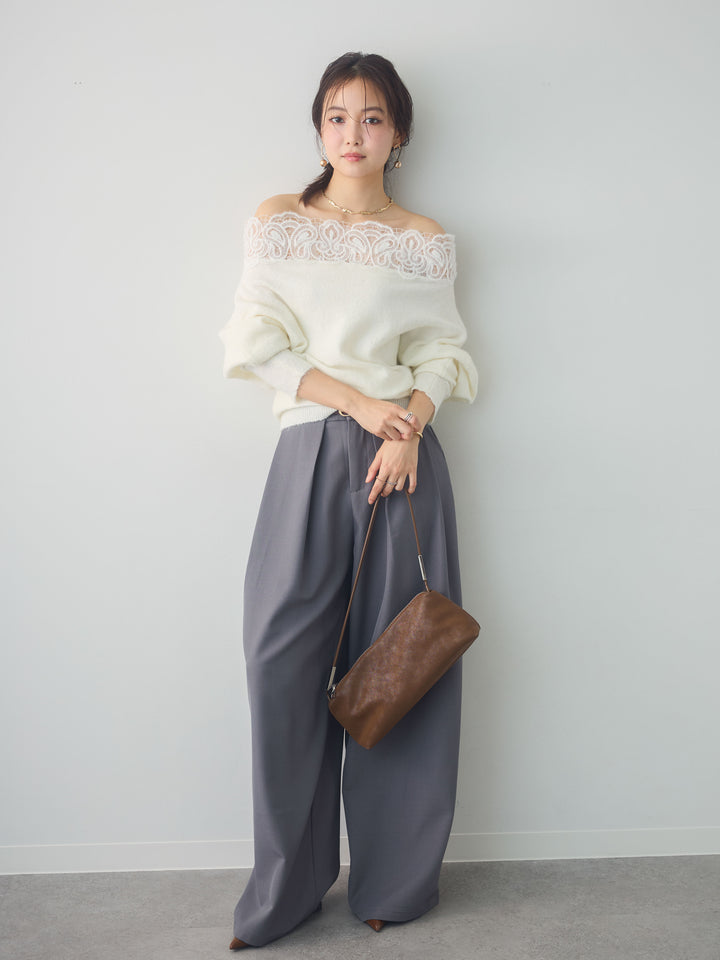 [SET]ショルダーレースオフショルニットトップス+ベルトループデザインワイドパンツ(2set)